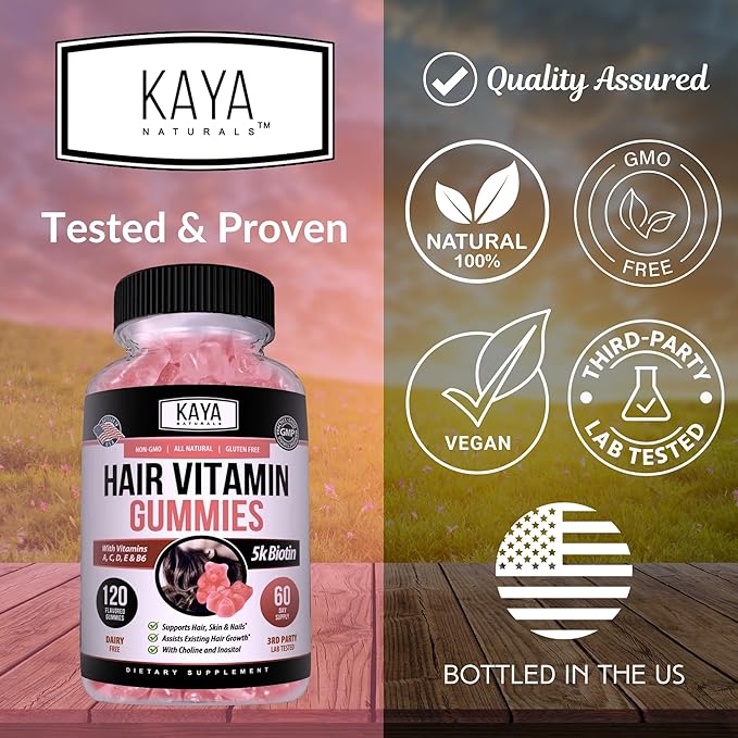 Kaya Naturals Hair Growth Gummies - Biotin 5000mcg Vitamins for Healthy Hair, Skin, and Nails - Beauty Supplement for Women or Men - 120 Count - Blueberry Flavor