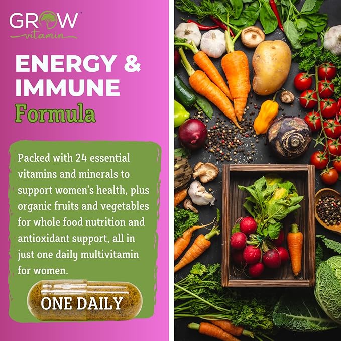 grow vitamin One Daily Multivitamin for Women - Energy Support - Whole Food Supplement to Nourish Hair, Skin, Nails - Non-GMO - No Soy - Gluten Free - 60 Capsules - 2 Month Supply