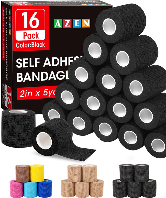 AZEN 16 Pack Self Adhesive Bandage Wrap Black, 2" X 5 Yards Black Athletic Tape, Vet Wrap, Tattoo Grip Tape Wrap，Ankle Tape, Cohesive Bandage Wrap