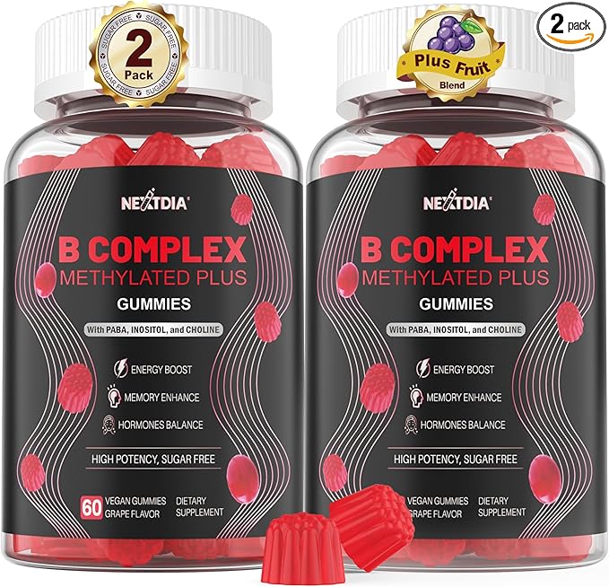 Brain & Mood Support Gummies, Super Vitamin B Complex for Men & Women, All B Vitamin B1 B2 B3 B5 B6 B7 B9 MethyB12 Multivitamin with PABA, Inositol, Choline, Supports MTHFR Gene & Energy, Vegan, 120Ct