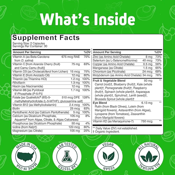 Herbtonics Whole Food Teen Vitamins for Energy, Focus & Immune Support - Multivitamin for Teenage Boys & Girls (12-18) with 62 Superfoods - Vegan, Plant Based, Non-GMO - 60 Easy Swallow Capsules