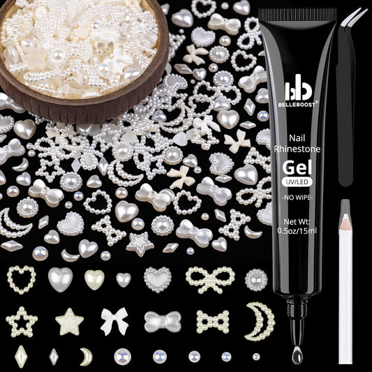 600Pcs 3D Multi Shapes Nail Charms and Flatback Pearls, White&Beige Mix Styles Heart Star Bow Sunflower Embellishments for Nail Art, Craft and Decoration with Glue Gel, Tweezer and Pickup Pencil