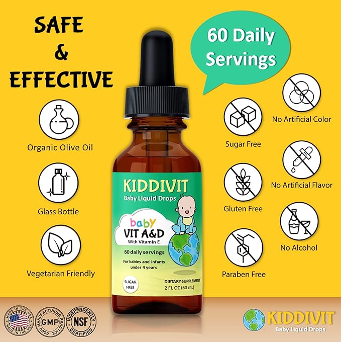 Kiddivit Baby Vitamin A&D Liquid Drops with Vitamin E - 60 Daily Servings, 2 Fl Oz (60 mL) - Dropper Included, Glass Bottle - Sugar Free, Gluten Free, Vegetarian Friendly