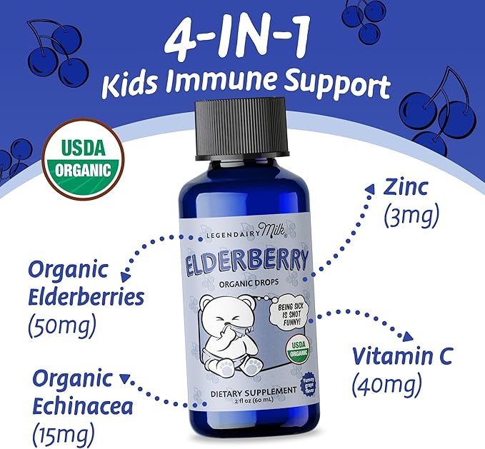 Legendairy Milk Organic Elderberry Drops - Baby Multivitamin with Echinacea, Vitamin C & Zinc for Immune Support - Ideal for Babies & Toddlers, Non-GMO - 30 Servings