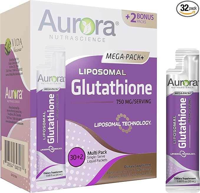 Aurora Nutrascience Mega-Liposomal Liquid Glutathione, Immune & Antioxidant Gut Health Support Supplement, 750 mg per Serving, Non-GMO, Sugar-Free, 32 Single Serve Packets