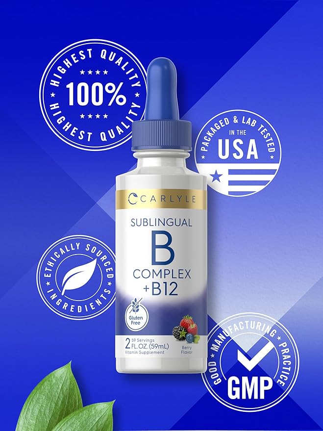 Carlyle Sublingual Vitamin B Complex | with B12 | 2 Fluid Ounces | Berry Flavor | Vegetarian, Non-GMO, and Gluten Free Supplement