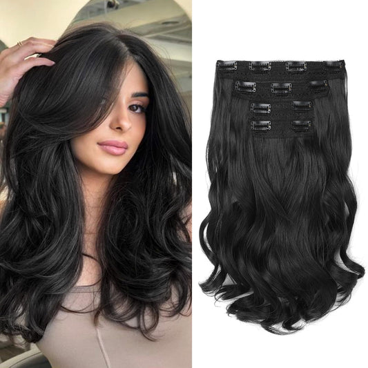 HOOJIH Hair Extensions, Clip in Hair Extensions 4PCS Black Hair Extension 14" Short Wavy Curly Clip on Hair Extensions Invisible Lace Weft Natural Soft Hairpieces for Women - Black