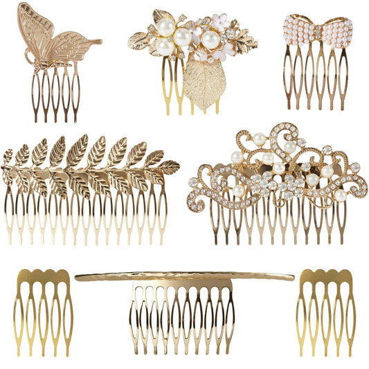 Lawie 8 Pack Large Gold Crystal Pearl Rhinestone Metal Hair Side Combs Clip With Teeth Grip Clasp Barrettes Pins for Women Bridal Wedding Veil Decorative Headpiece French Twist Vintage Accessories