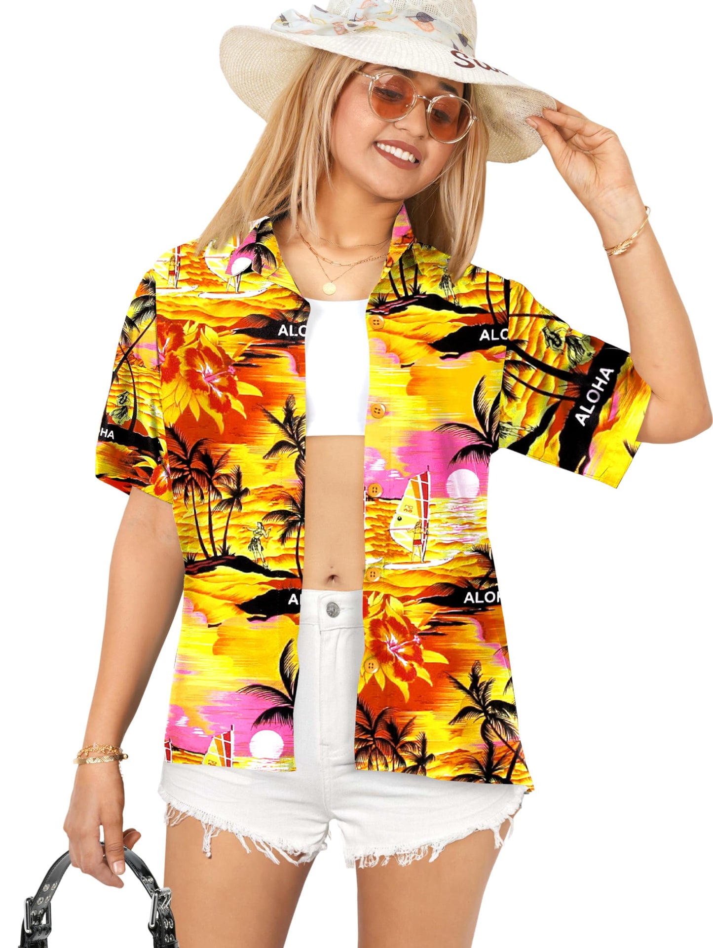LA LEELA Women's Short Sleeve Hawaiian Blouse Shirt XL Palm Tree View Orange