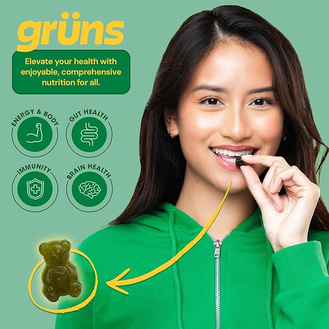 Gruns Adult Super Greens Gummies - Superfood Gummy Bears with Spirulina, Chlorella & Prebiotics for Digestive Health - Adaptogens Supplement with 20 Vitamins & Minerals, Low Sugar- 2-Week Supply