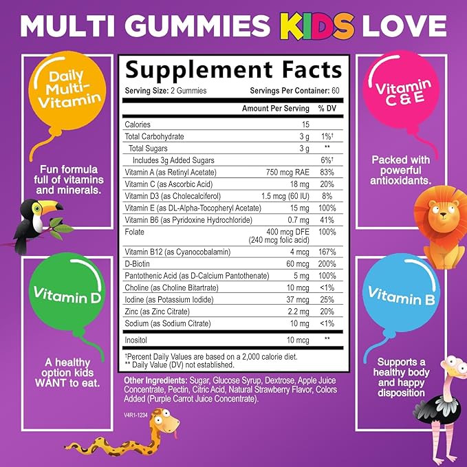 Kids Multivitamin Gummies - Daily Vitamins for Kids, Vitamin C, D3 & Zinc for Immune Support, Strawberry Flavored Gummies, Nature's Toddler & Kid Multi Vitamins, Non-GMO, Gluten Free - 120 Gummies