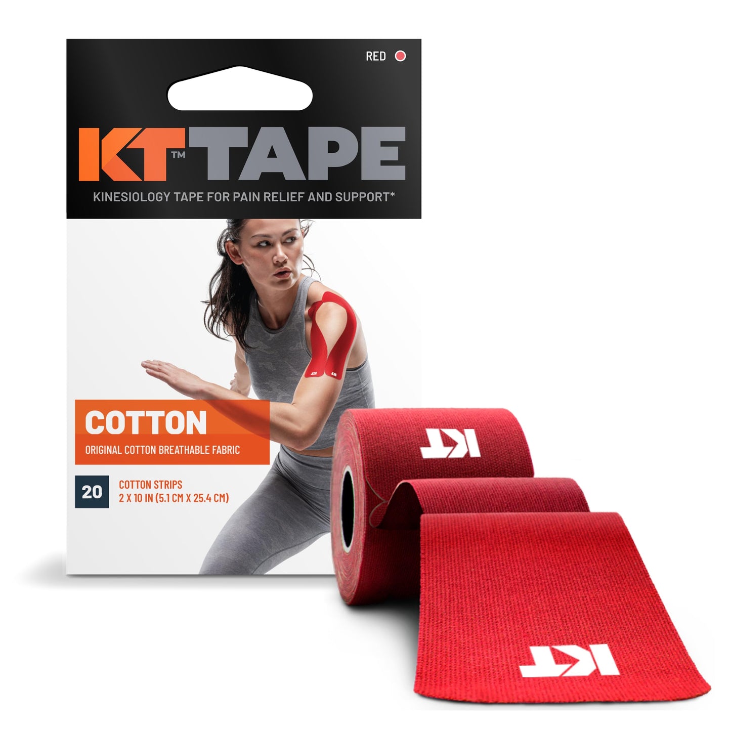 KT Tape, Original Cotton, Elastic Kinesiology Athletic Tape, 20 Count, 10” Precut Strips, Red