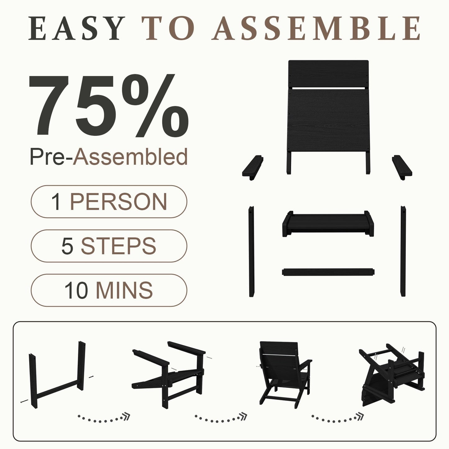 JUSTLET HDPE Adirondack Outdoor Chair, One - Piece Backrest Lawn Chair - Ideal for Poolside, Garden, Patio & Balcony, Black