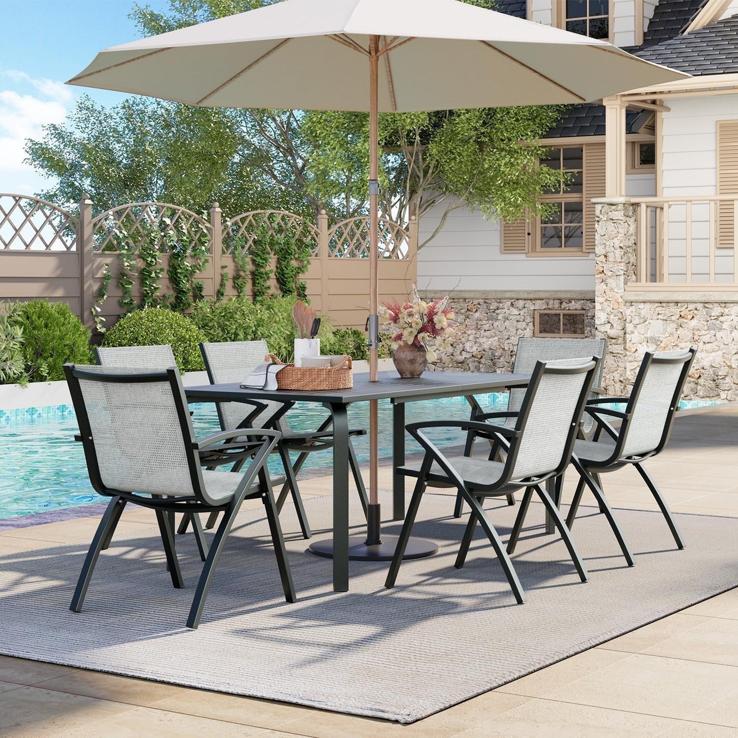 71" x 35" Outdoor Dining Table - 8-Person Aluminum Patio Table with Slatted Top & Umbrella Hole,All-Weather Black for Backyard/Garden/Lawn