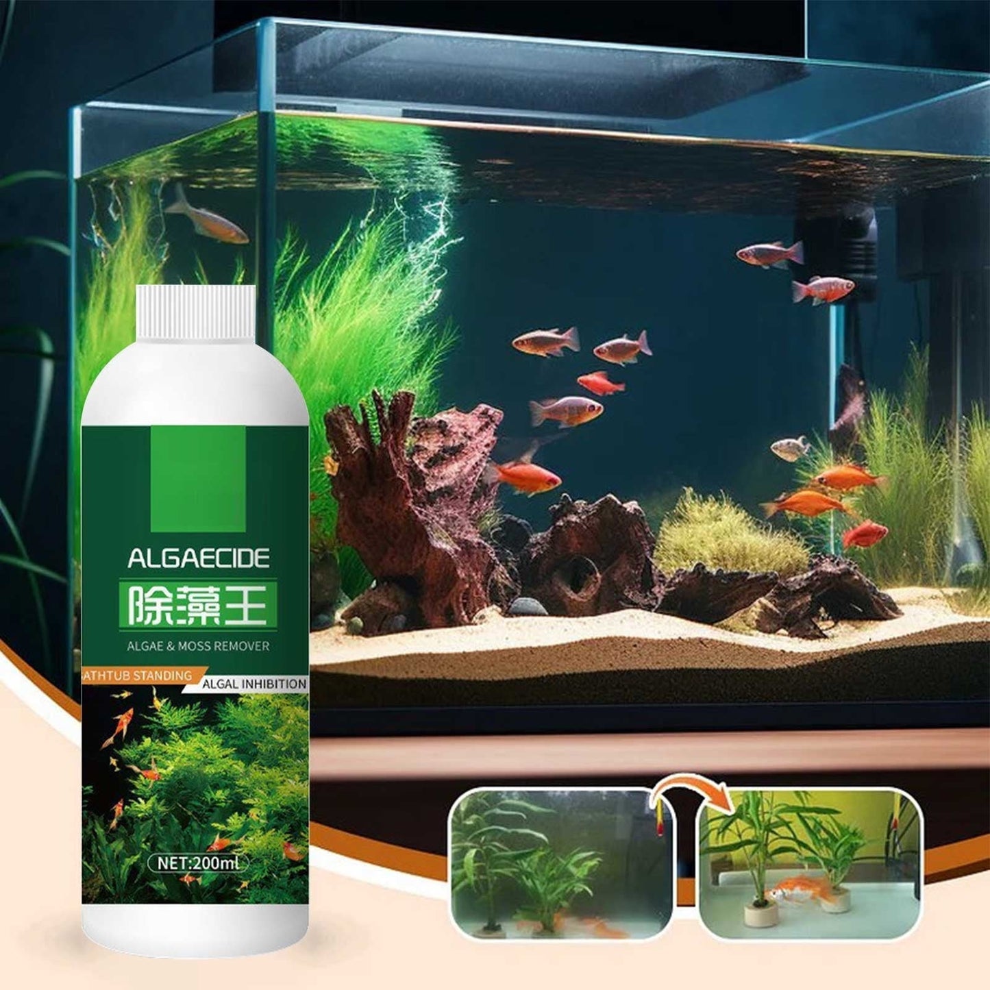 Aquarium Algae Moss Remover, Fast-Acting Safe for Fish Plants Tank Cleaner, 200ml Liquid Formula Prevents Future Growth, All Tank Sizes Water Treatment Solution, Fish Tank Cleaner