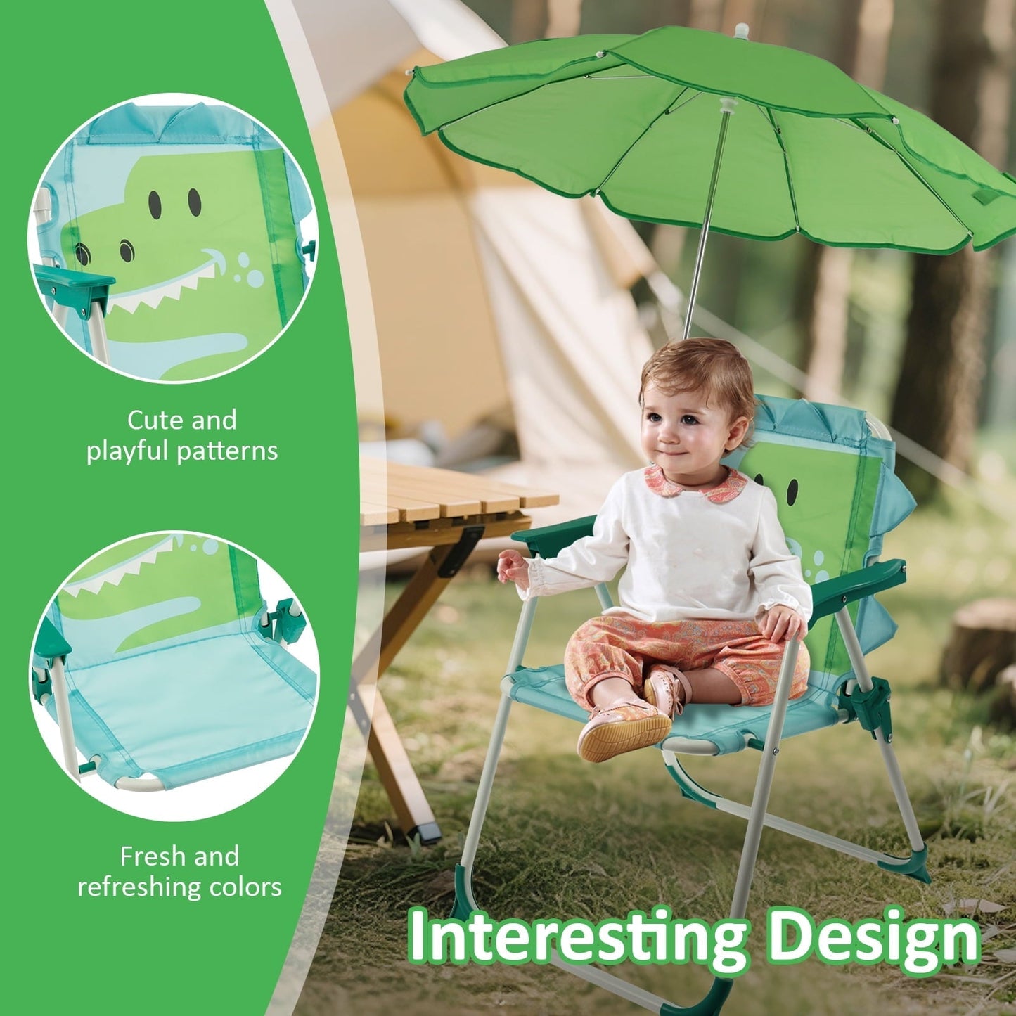 Grusce Kids Beach Chair with Sun Umbrella, Cute Animal Portable Folding Camping Chair, 40kg Capacity for Beach Outdoor Camping Picnic