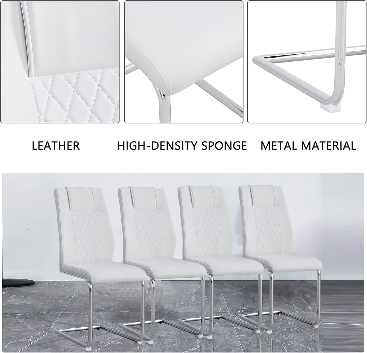JUFU Modern White Dining Chairs Set of 4, Faux Leather High Back with Chrome Legs