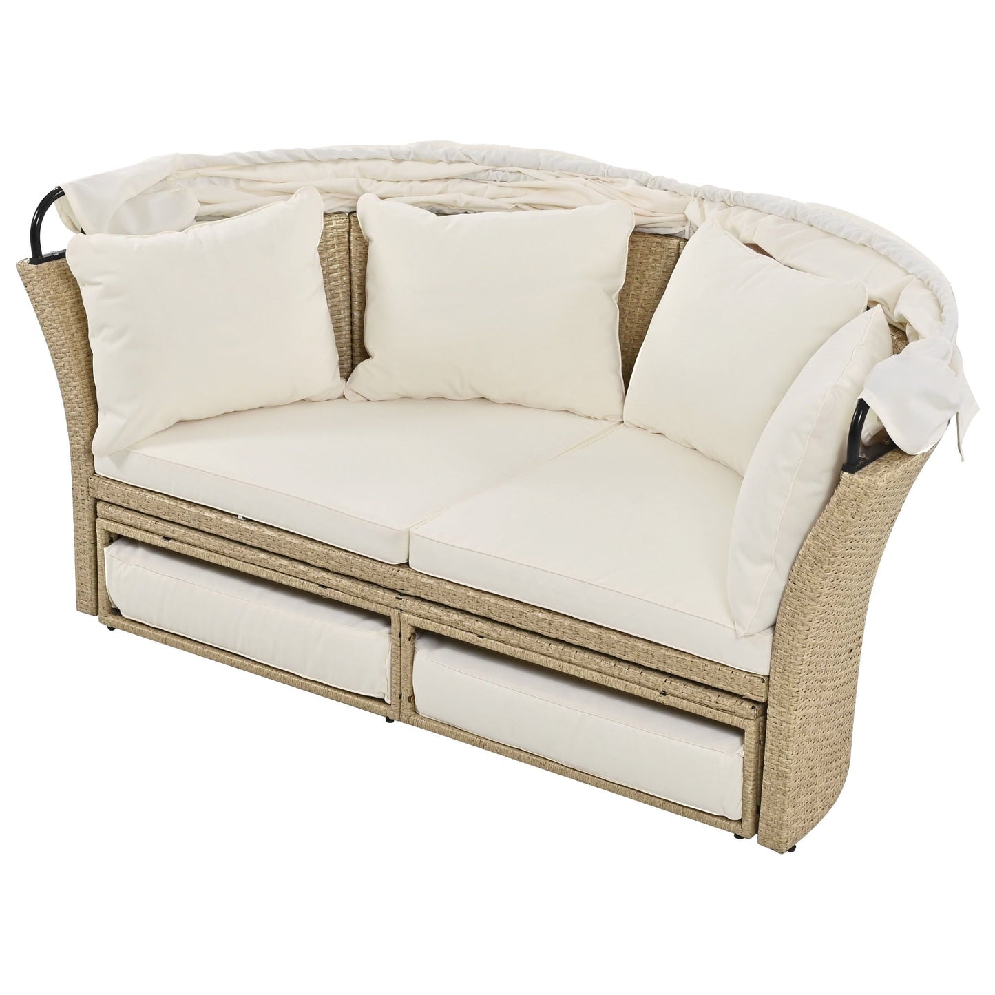 Convertible Outdoor Patio Daybed with Retractable Canopy and Cushions, Rattan Wicker Loveseat Sofa