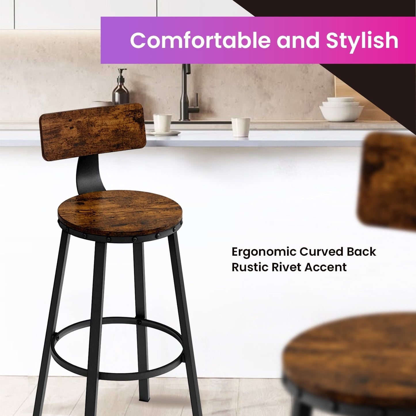 LEDREM Bar Stools Set of 2, Counter Height Barstools with Backrest & Footrest, 28.7" Sturdy Steel Frame, Ergonomic Design for Kitchen,Dining,Bar, Rustic Brown & Black