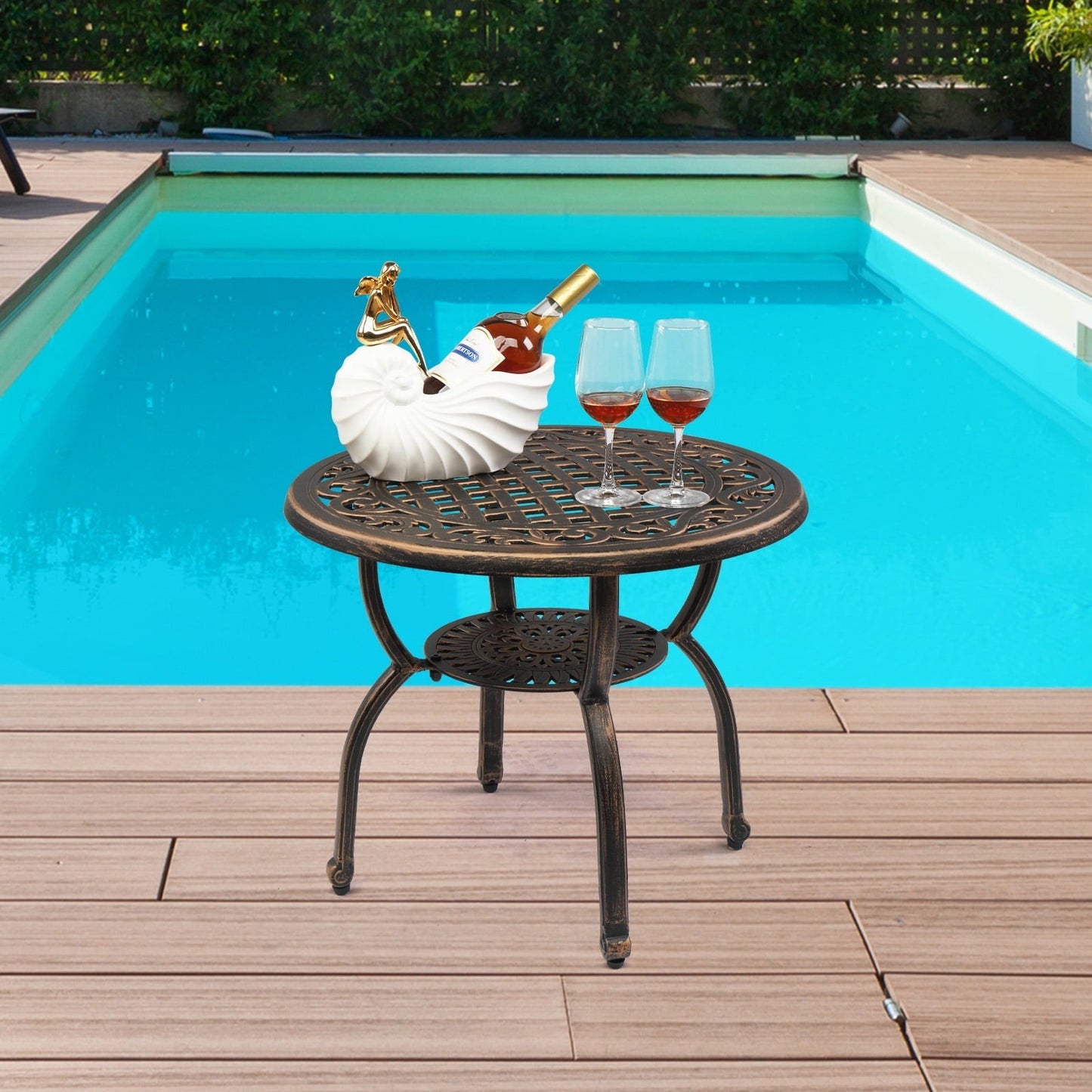 Cast Aluminum Outdoor Round Anti-Rust Side Table - Patio Bistro End Table for Indoor/Outdoor Garden Porch Balcony, Antique Bronze