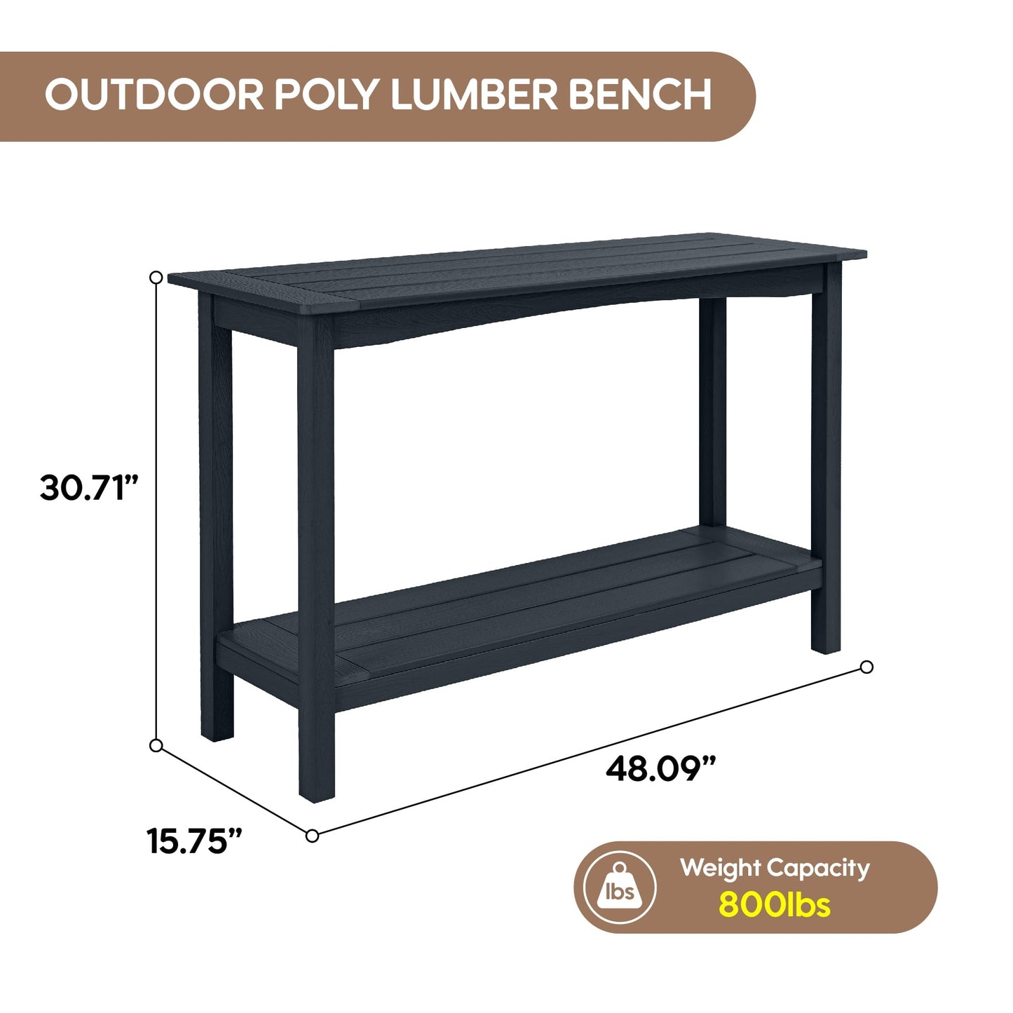 Bstjewey Outdoor 48" 2-Tier Console Table, Weatherproof HIPS, Black