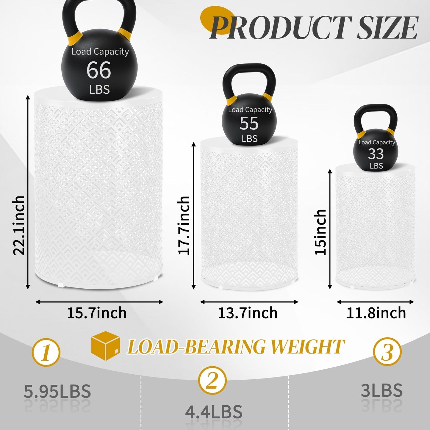 Ktaxon Set of 3 Nesting Stackable Patio Accent Tables, Round Barrel Shape Metal Frame Indoor Outdoor, 12/14/16 in, White