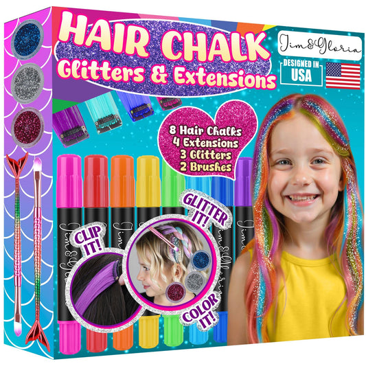 Jim&Gloria Dustless Hair Chalk for Girls Washable with Clip in Hair Extensions, Brushes and Glitters, Kids Temporary Color Dye, Gifts for Teen Girl Trendy Stuff, Teenage 7 8 9 10 11 12 13 14 Year Old