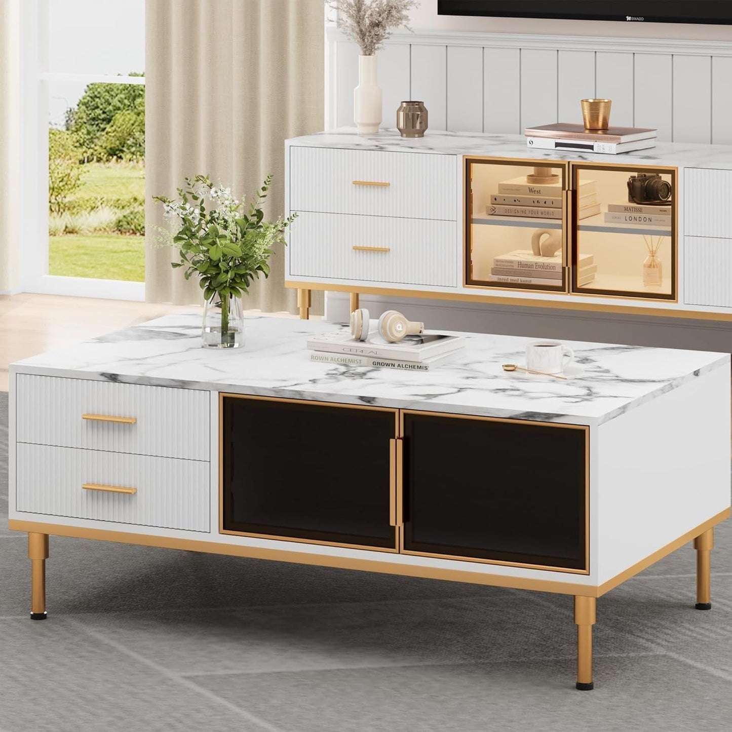 Coffee Table, Modern Coffee Table for Living Room with 4 Drawers, Glass-Front Cabinets, Faux Marble Fluted Panel Design, Stylish Storage Solution