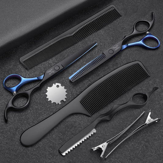 JASON Hair Cutting Scissors Kit - Professional 10 PCS Haircut Scissors Set with 6.7" Thinning/Texturizing Scissors, Straight Shears for Men Women Home Salon Barber (30 Teeth, Black & Blue)