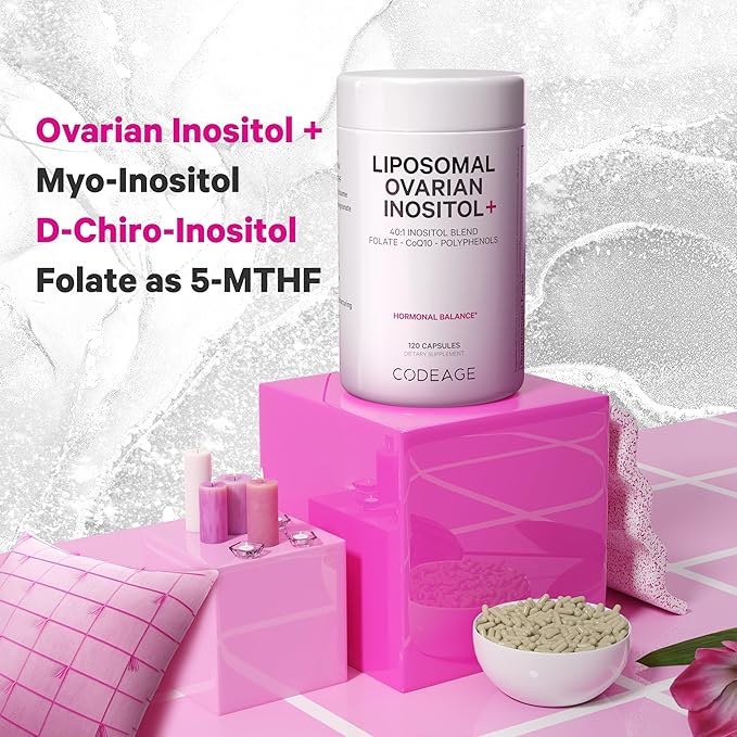Codeage Liposomal Ovarian Inositol+ Supplement - Myo-Inositol & D-Chiro-Inositol 40:1 Blend, Folate 5-MTHF, CoQ10, Pomegranate & Wild Blueberry, Liposomal Delivery, Non-GMO, Gluten-Free - 120 Capsules