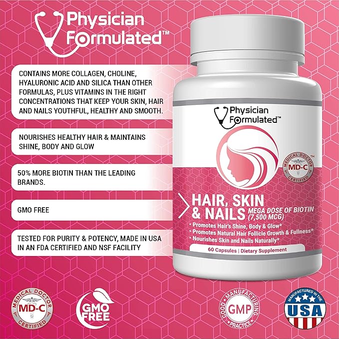 Healthy Hair Skin and Nails Vitamins for Men and Women - 7500 mcg Biotin, Amino Acids, Collagen and Hyaluronic Acid - 60 Capsules