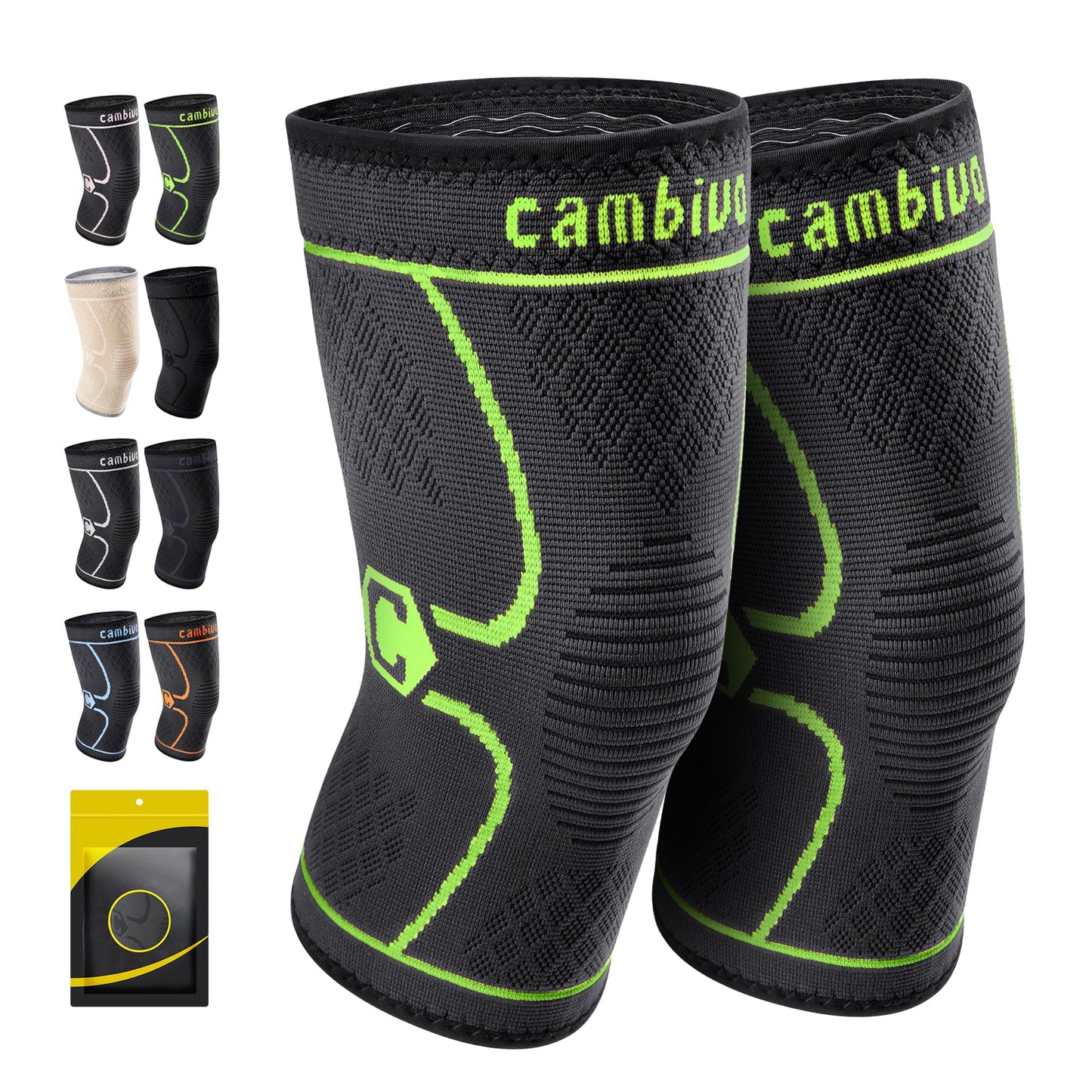 CAMBIVO 2 Pack Knee Brace, Knee Compression Sleeve for Men and Women, Knee Support for Running, Workout, Gym, Hiking, Sports (Green,Small)