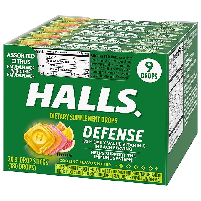 HALLS Defense Assorted Citrus Vitamin C Drops, 20 Sticks of 9 Drops (180 Total Drops)