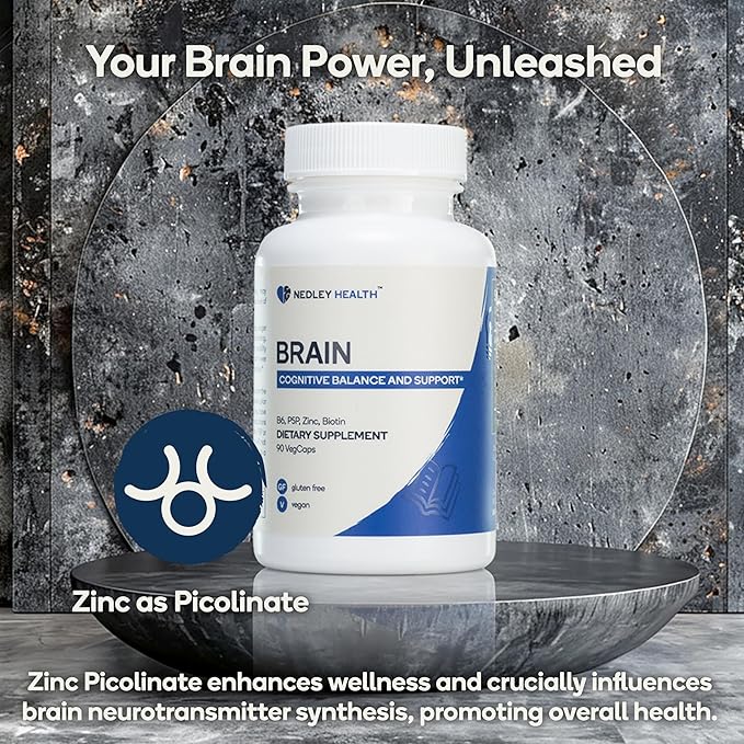 Brain - Balanced Neurotransmitter Support Supplement - Zinc, B6, Biotin for Cognitive Function - 90 Veggie Capsules (Brain)