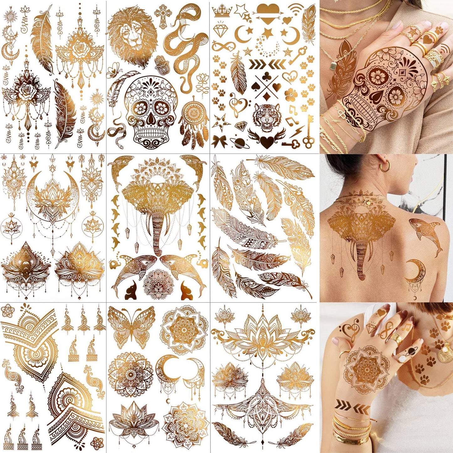 COKTAK 9 Sheets 88+ Designs Large Gold Metallic Temporary Tattoos For Women Girls Adults, Tribal Bohemia 3D Flash Fake Golden Tattoo Stickers Eleplant, Realistic Glitter Snake Tattoos Moon Lotus