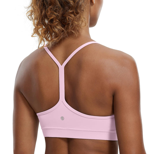 CRZ YOGA Butterluxe Womens Y Back Sports Bra - Padded Racerback Low impact Spaghetti Thin Strap Workout Yoga Bra Pink Peony X-Small