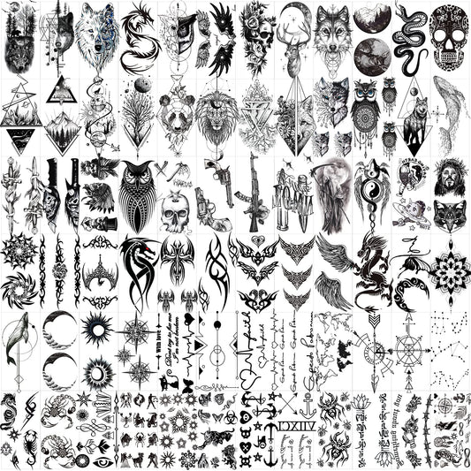 Hotoyannia 72 Sheets Halloween Tiny Temporary Tattoos Stickers, Fake Tattoos That Look Real And Last Long, Halloween Tattoos Include Black Scary Wolf Lion Tiger Skeleton Skull
