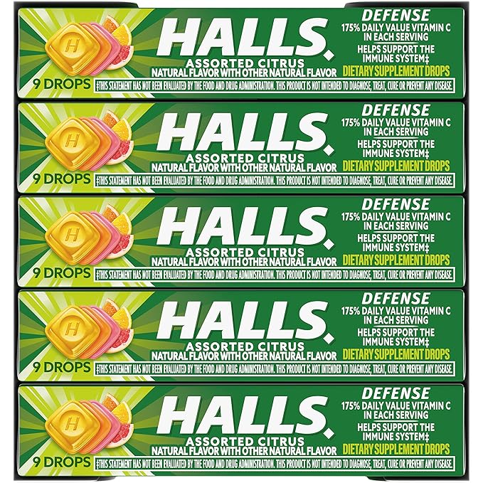 HALLS Defense Assorted Citrus Vitamin C Drops, 20 Sticks of 9 Drops (180 Total Drops)