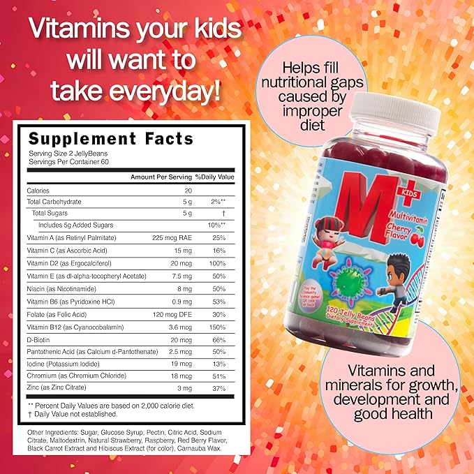 Kids Daily Multivitamin Jellybeans –– Natural Cherry Flavor – Non-GMO – Gluten Free – Vegan Friendly