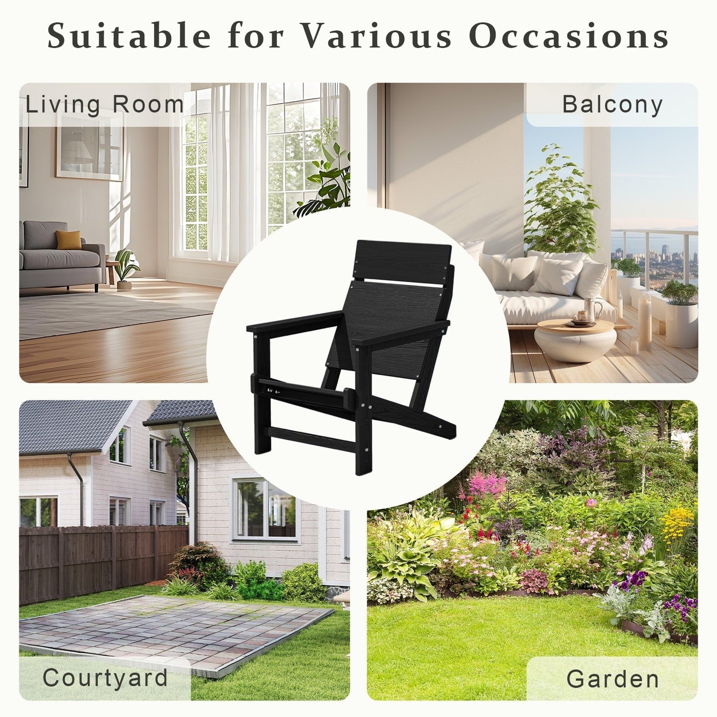 JUSTLET HDPE Adirondack Outdoor Chair, One - Piece Backrest Lawn Chair - Ideal for Poolside, Garden, Patio & Balcony, Black