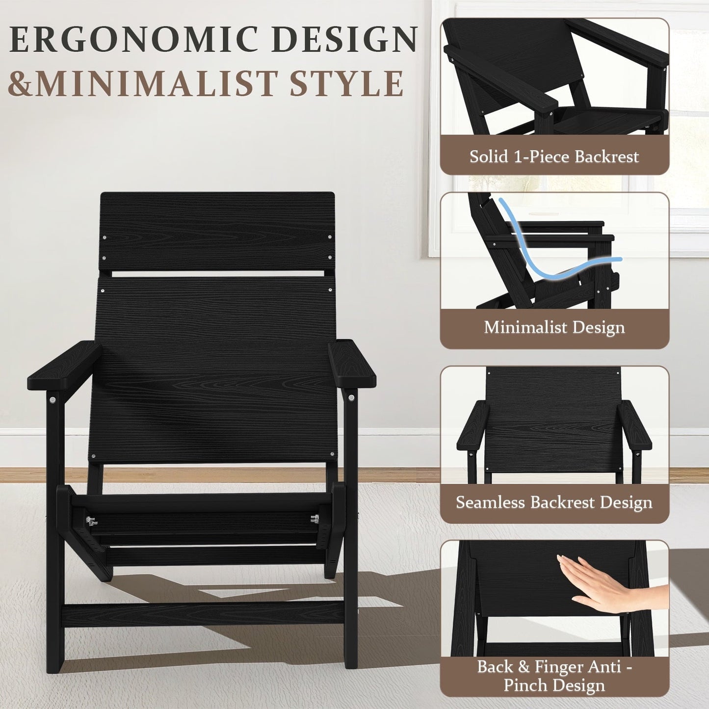 JUSTLET HDPE Adirondack Outdoor Chair, One - Piece Backrest Lawn Chair - Ideal for Poolside, Garden, Patio & Balcony, Black