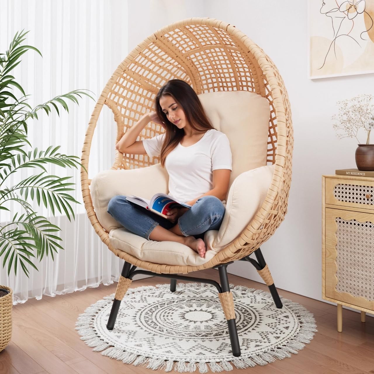 CHINNLUU Oversized Egg Chair with Thick Cushion Ergonomic Wicker Lounge Chair for Living Room, Balcony - 500lbs Capacity Indoor/Outdoor Rattan Patio Chair(Beige)
