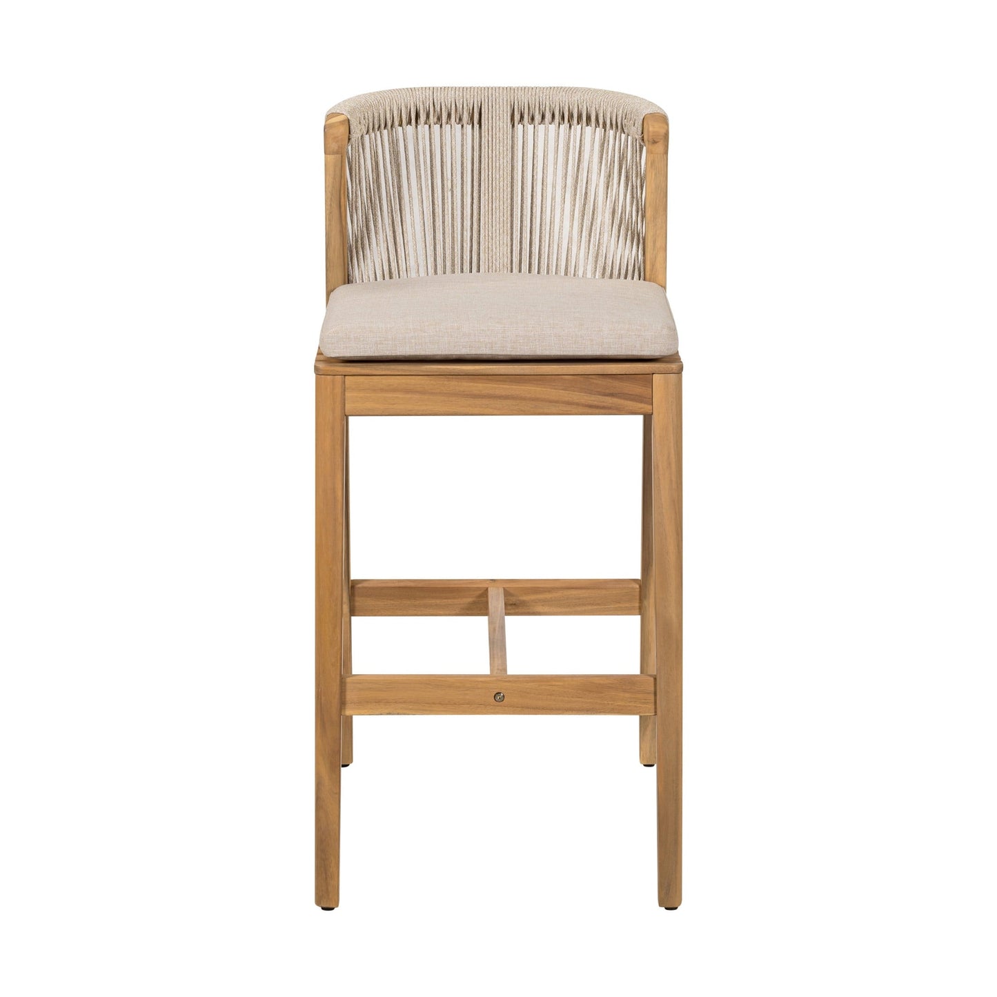 Christopher Knight Home 28" Outdoor Wood Bar Stool with Woven Rope Backrest and Removable Cushion, Beige