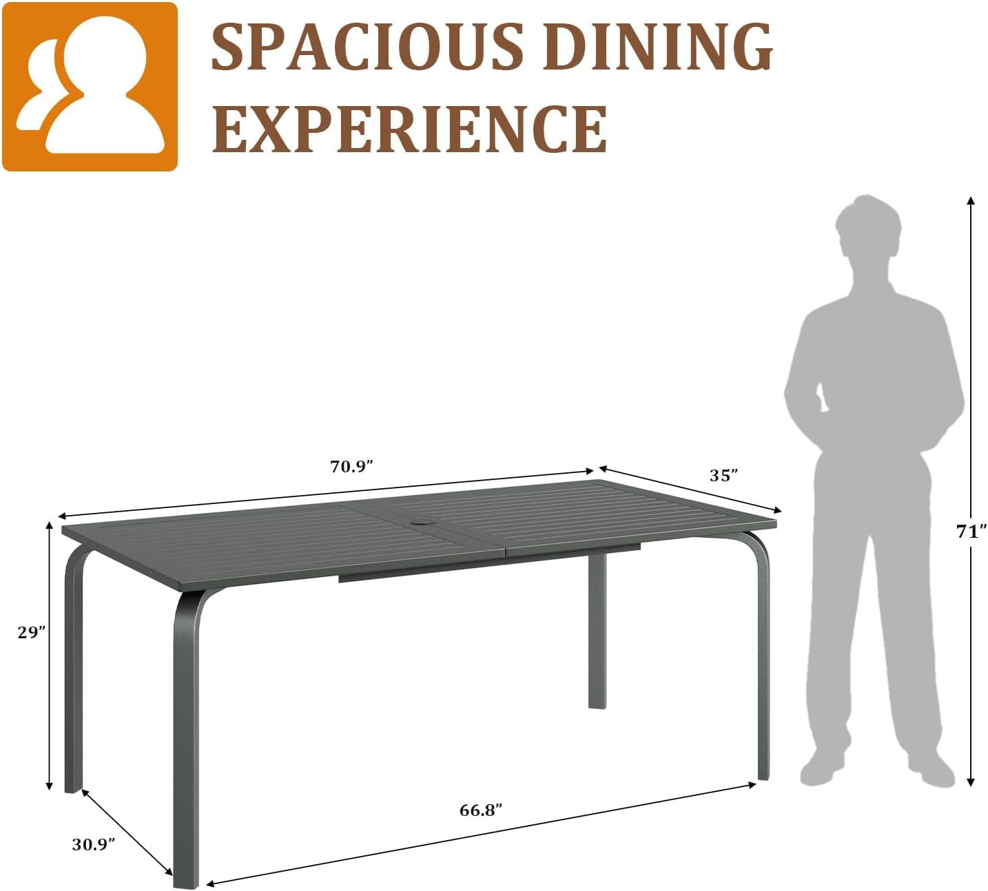 71" x 35" Outdoor Dining Table - 8-Person Aluminum Patio Table with Slatted Top & Umbrella Hole,All-Weather Black for Backyard/Garden/Lawn