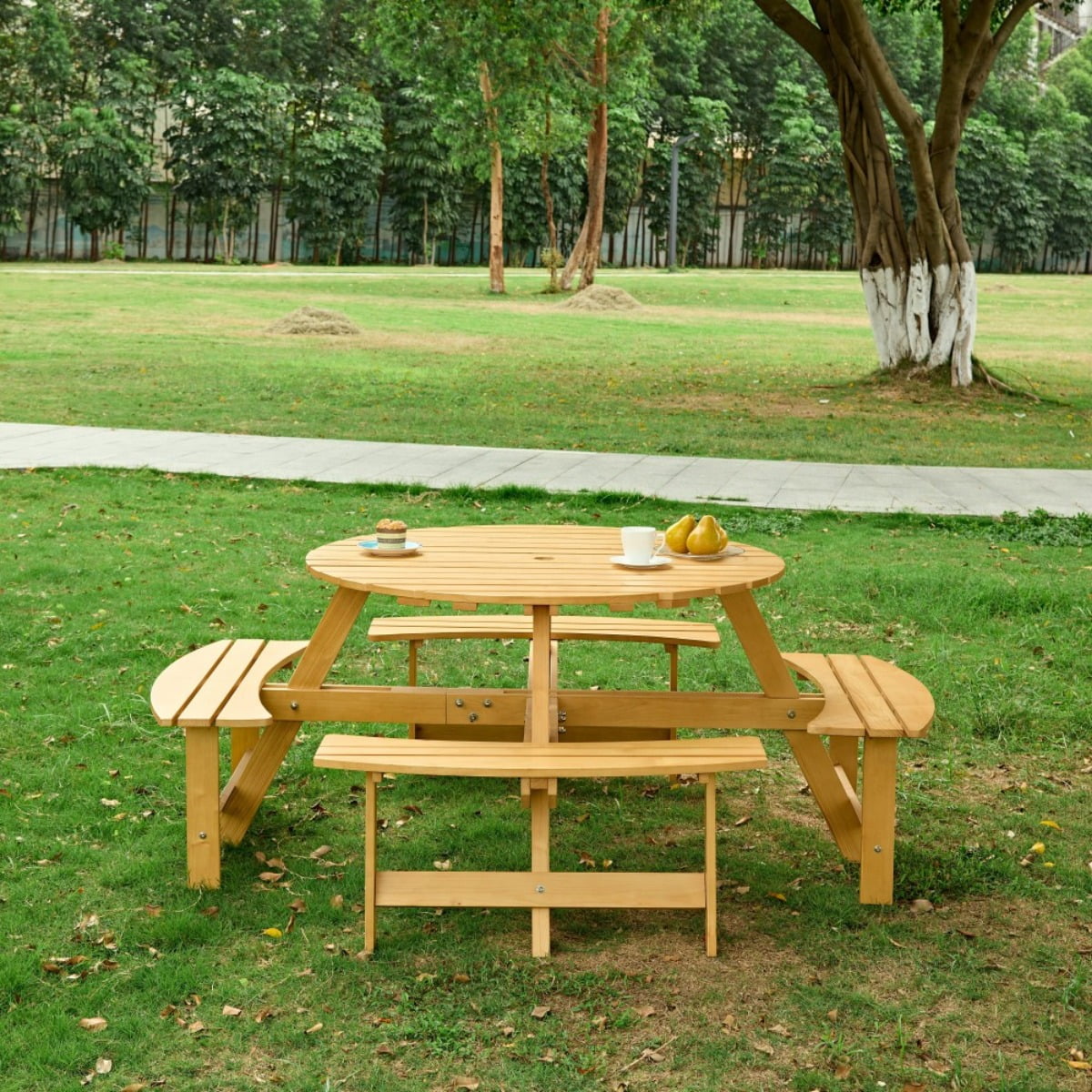8-Person Round Outdoor Picnic Table with 4 Built-in Benches - Natural Weather Resistant Wood for Garden, Backyard, Patio