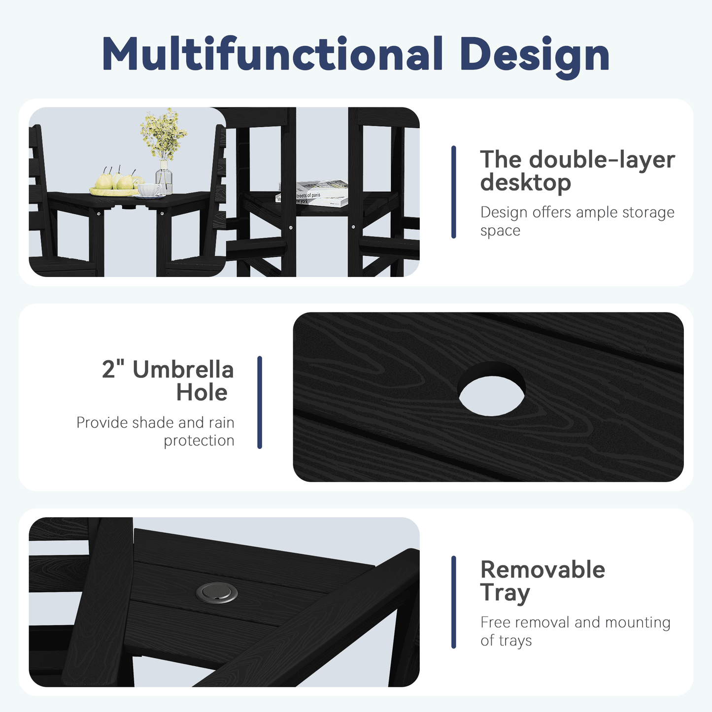 JUSTLET Tall Adirondack Chair Set of 2 with Double Connecting Tray, HDPE Outdoor Weather Resistant Patio Bar Stools for Patio, Balcony, Porch, Black