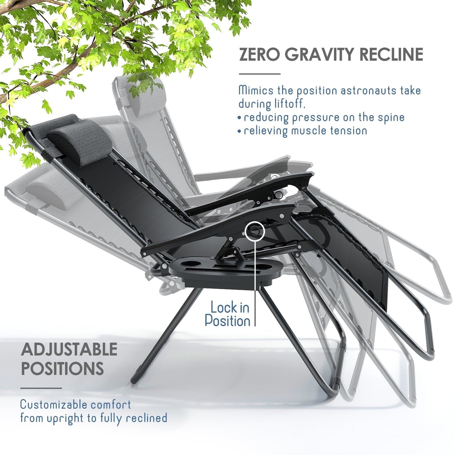 LammaLoe Zero Gravity Chair, Outdoor Lounge Chairs with Cup Holder, Black