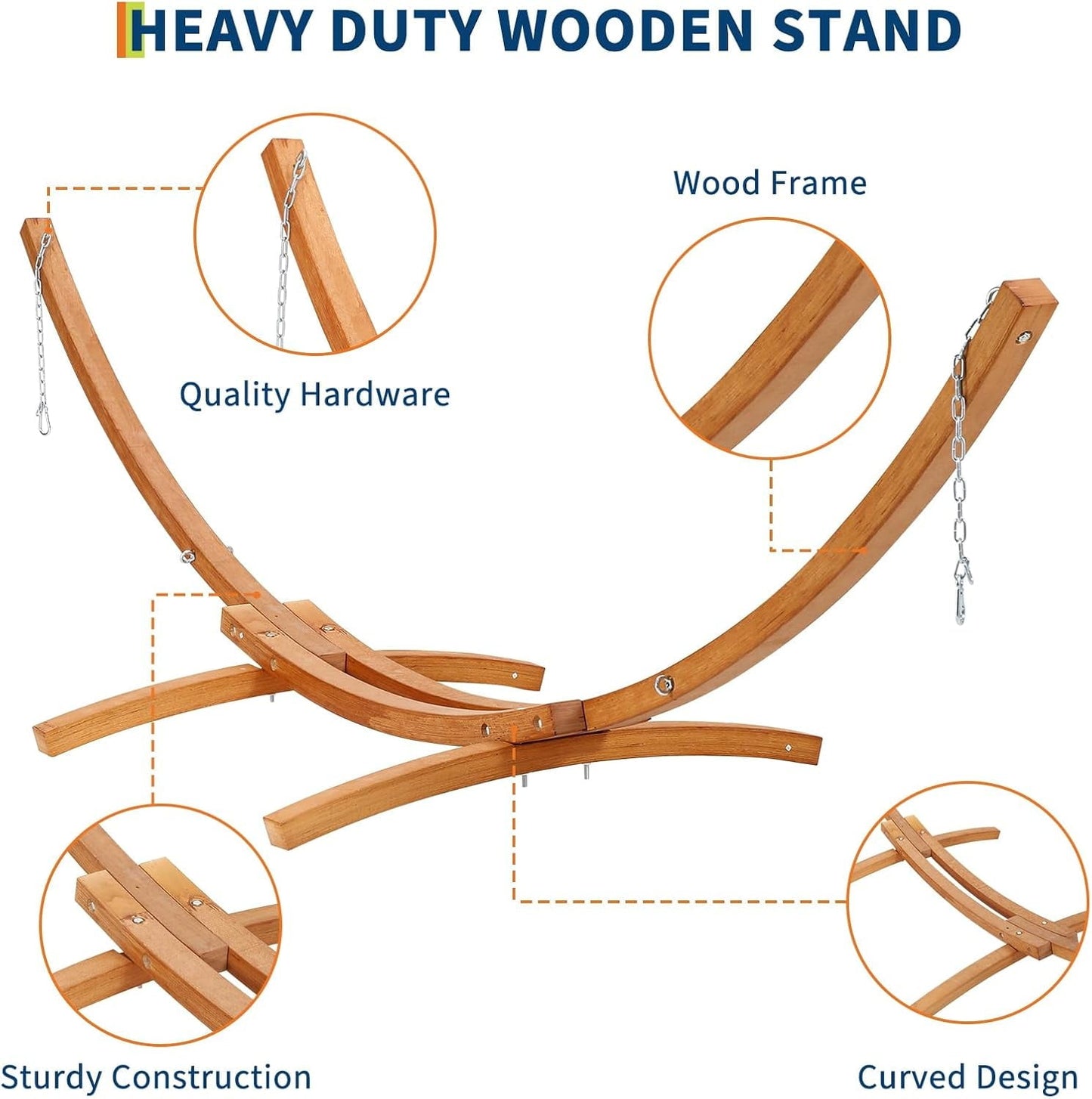 Hammock Stand, Wood Hammock Stand Only, Wood Weatherproof Outdoor Hammock with Stand for Patio Backyard Indoor, Max 330 Lbs, Curved