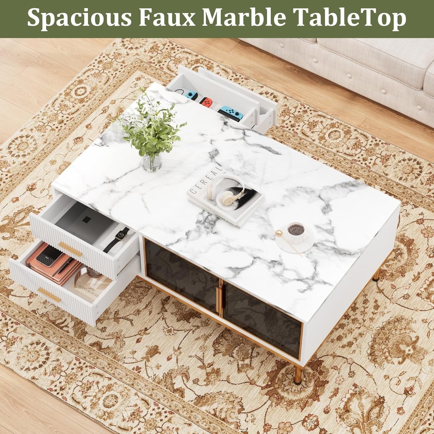 Coffee Table, Modern Coffee Table for Living Room with 4 Drawers, Glass-Front Cabinets, Faux Marble Fluted Panel Design, Stylish Storage Solution