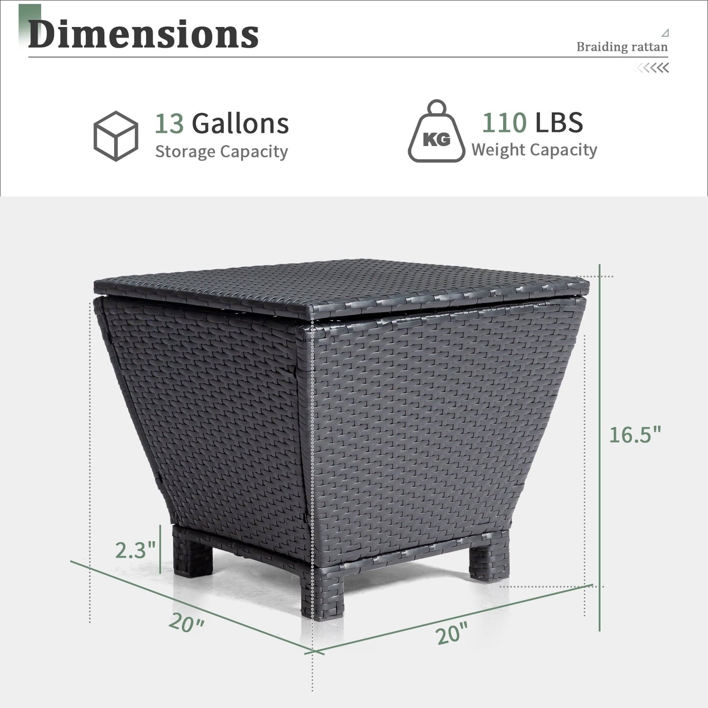 Ktaxon Wicker Side Table with Storage, 13 Galllon Ratten Storage Side Box Container, Wicker Storage Coffee Table for Outdoor Indoor, Black